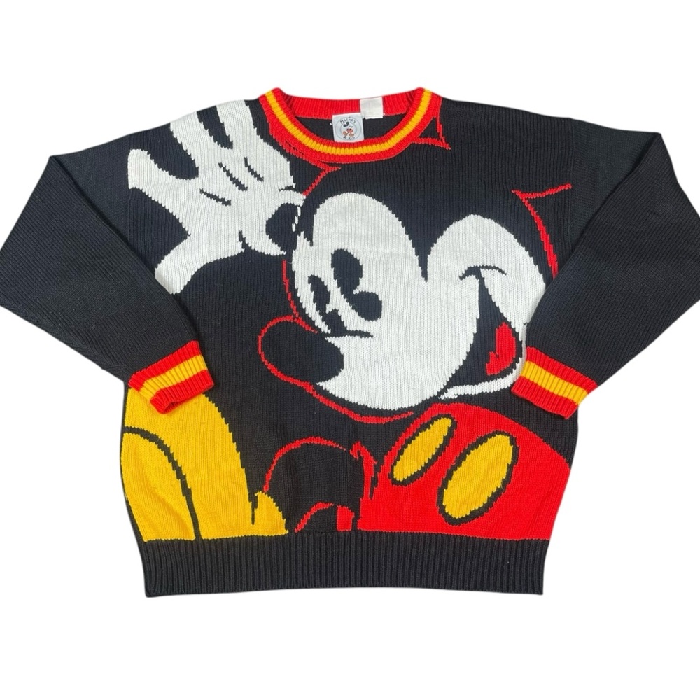 Vintage Retro Walt Disney Mickey Mouse Colorful Large Print Knit Sweater Size L